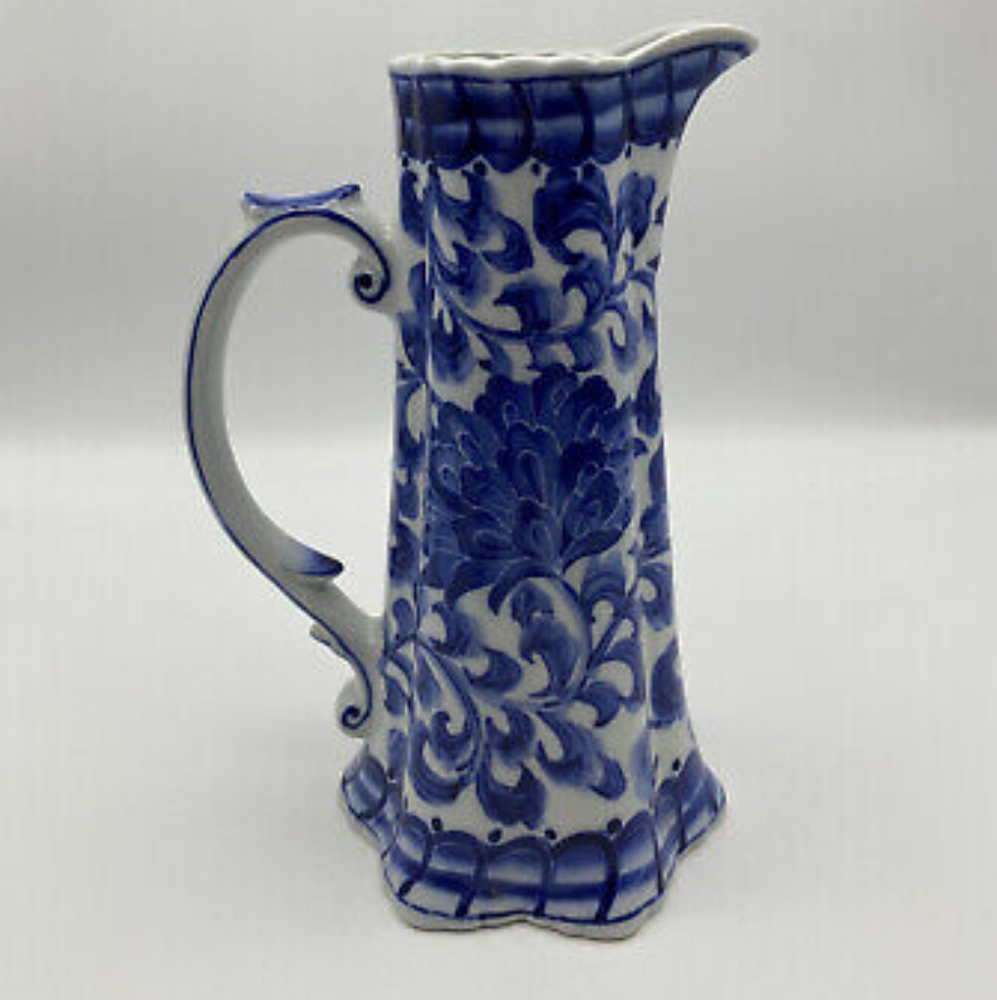 Andrea By Sadek Blue And White Floral Pitcher Vase Vintage 9'' VINTAGE